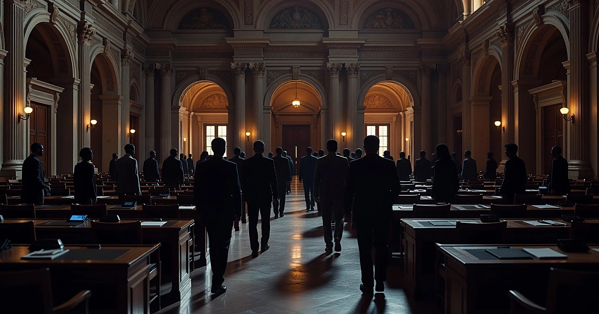 Silhouetted figures converging from opposite sides in a legislative chamber with empty desks and dramatic lighting