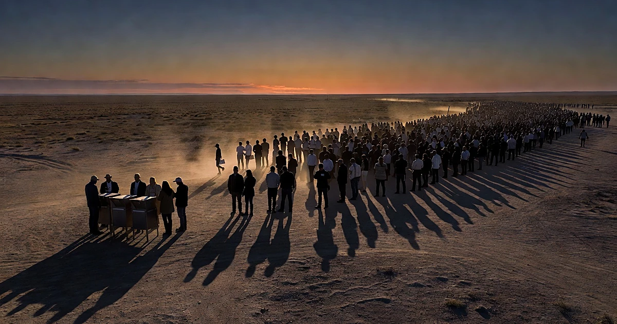 Silhouetted groups on Texas plain, some near ballot boxes, larger group in distance, divided by long shadows at dusk