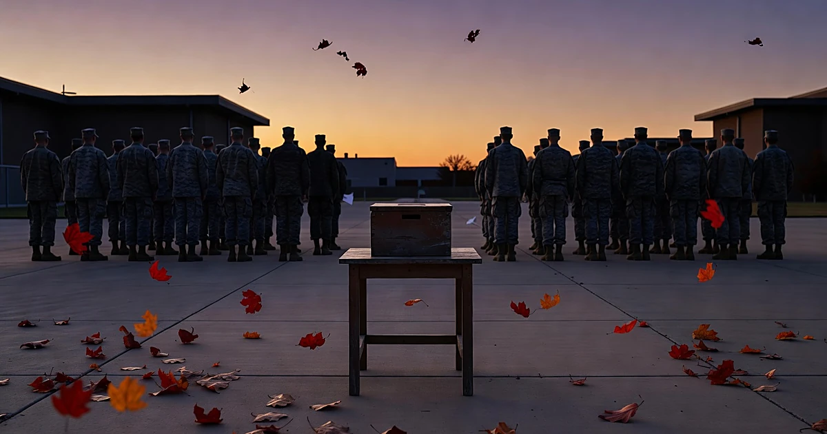 Silhouetted service members in formation facing a ballot drop box at dusk on a military base in autumn