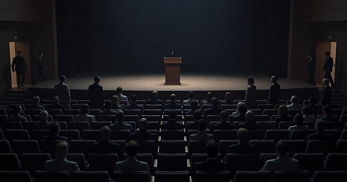 Empty podium on stage with scattered silhouettes of people in seats facing various directions in dim auditorium