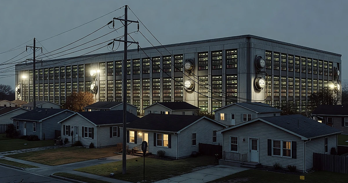 Large data center facility connected by power lines to small residential homes, showing infrastructure disparity