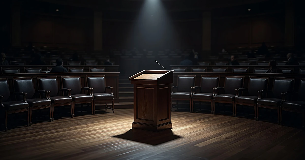 Empty speaker's podium illuminated by spotlight in darkened legislative chamber with vacant seats in shadows