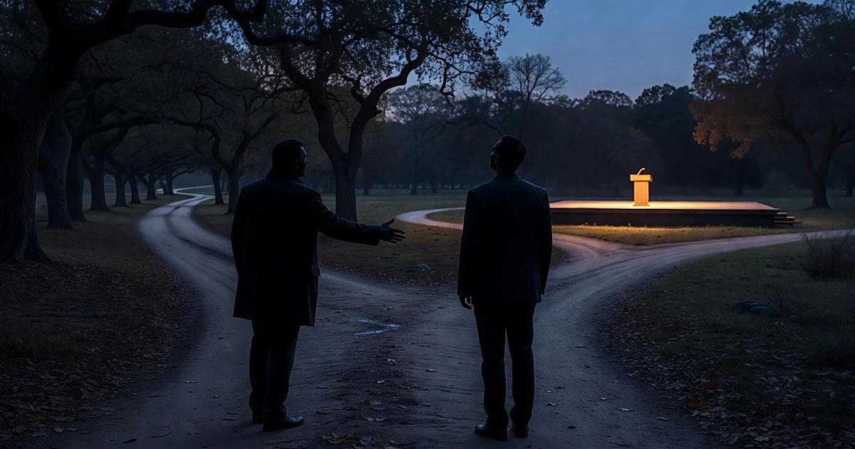 Silhouetted couple at forked path, one route leading to empty podium, other to quiet tree-lined walkway at dusk