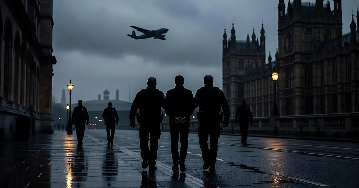 Silhouetted arrest scene on Westminster street with military aircraft in distant sky at dusk