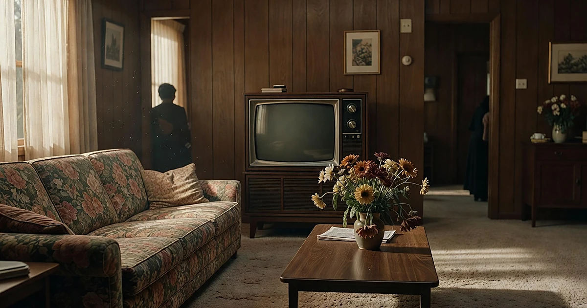 Empty 1980s living room with vintage television and floral sofa in warm afternoon light