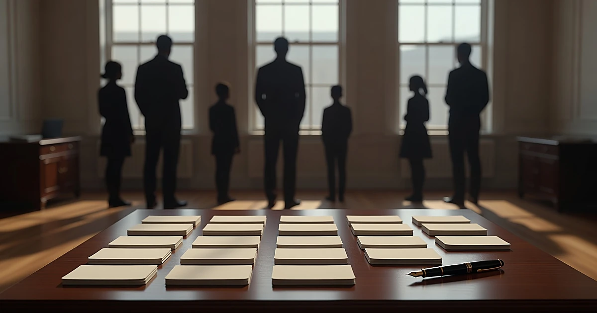 Desk with enrollment cards and pen, silhouettes of families in background facing windows in executive office