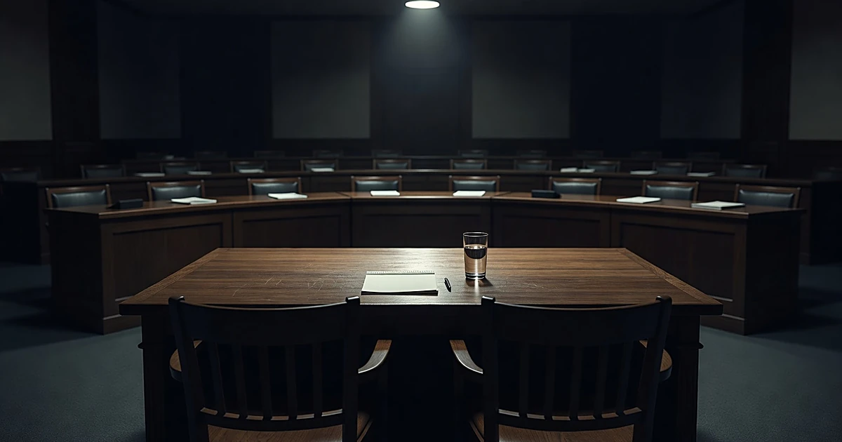 Empty witness table facing shadowed congressional hearing room desks under dramatic overhead lighting