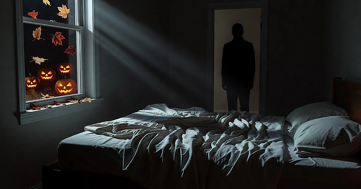 Dark bedroom with unmade bed lit by moonlight, silhouetted figure in doorway, Halloween pumpkin glow from window