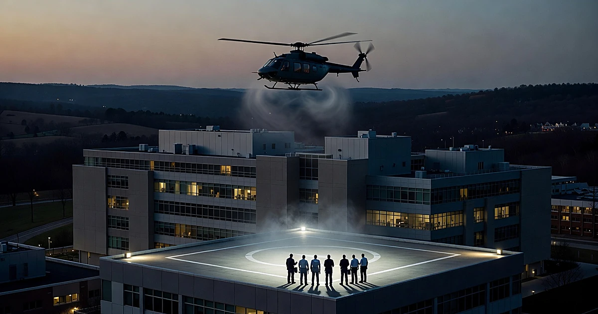 Medical helicopter approaching hospital rooftop helipad at dusk with silhouetted personnel waiting below