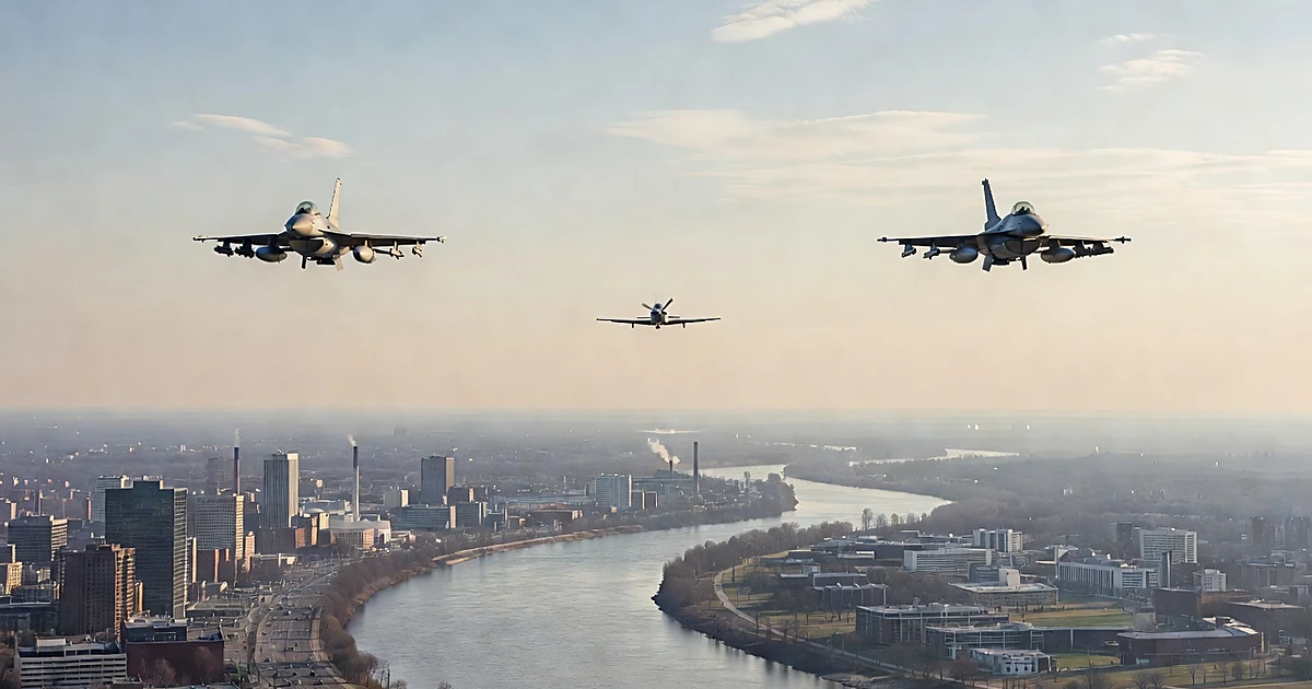F-16 fighter jets intercepting a small civilian plane above a river valley with urban areas on both banks