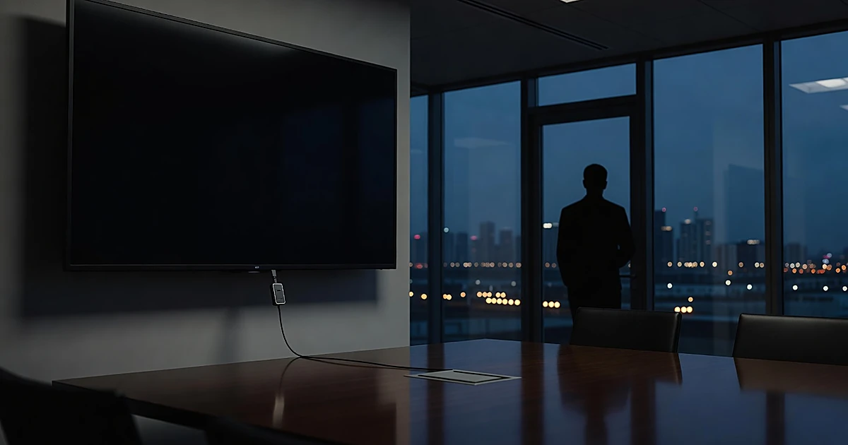 Hidden recording device plugged into TV USB port in dark conference room with silhouetted figure at doorway