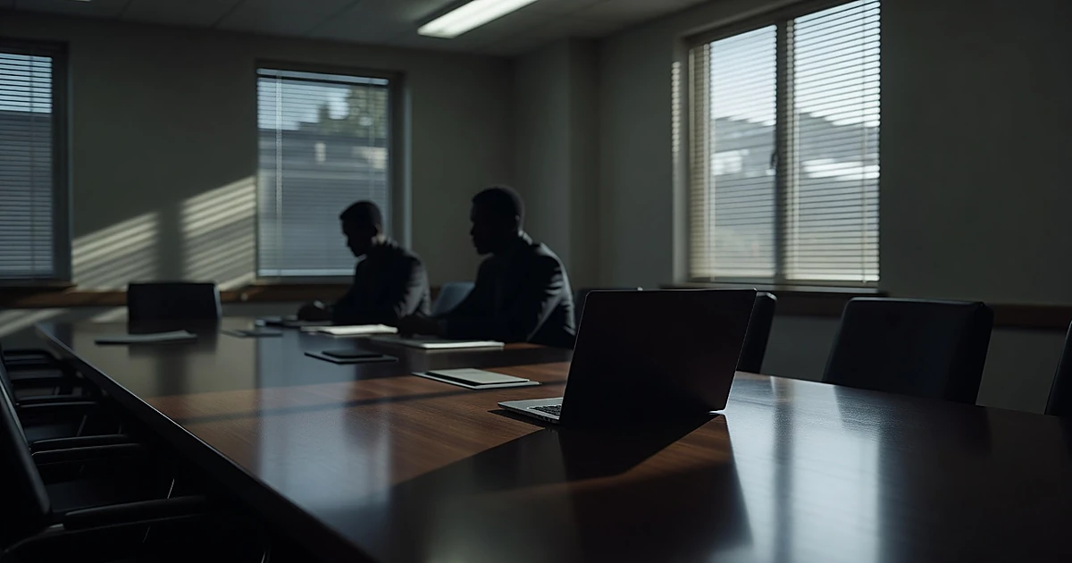 Silhouetted figures at table with laptop in shadowy government office with venetian blind light patterns