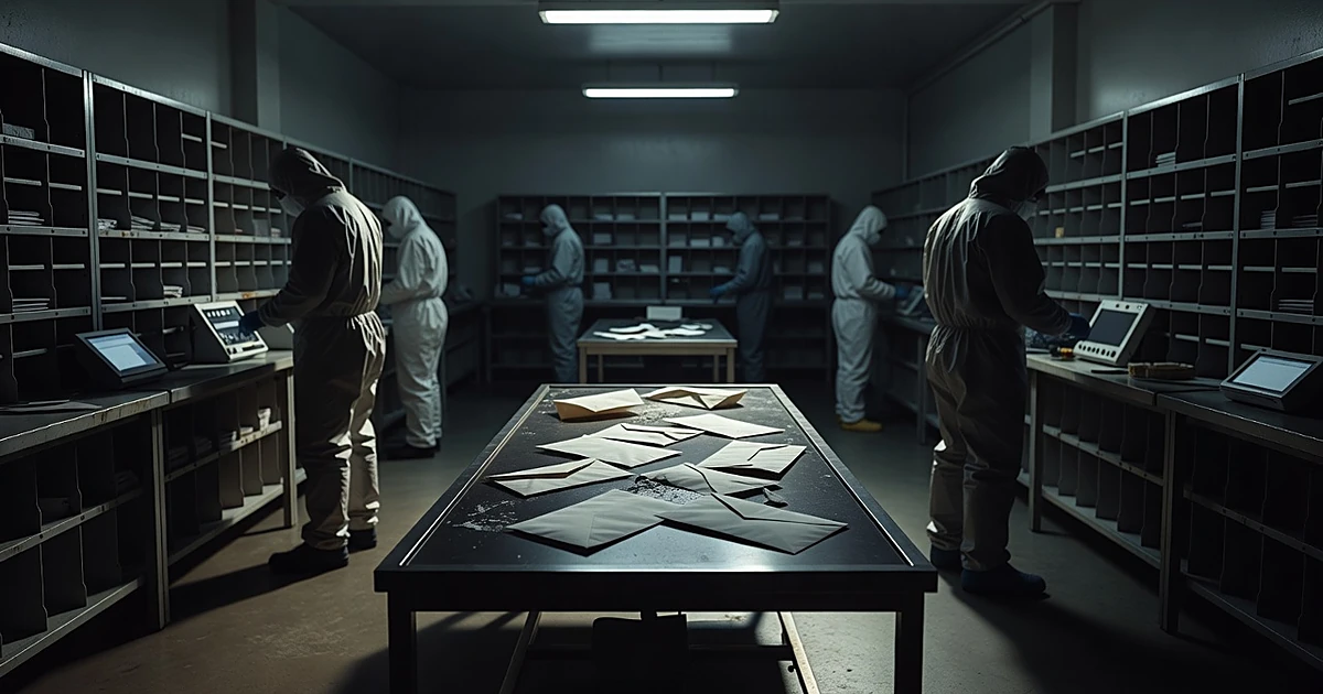 Envelopes with white powder on examination table in mailroom with hazmat-suited figures in background
