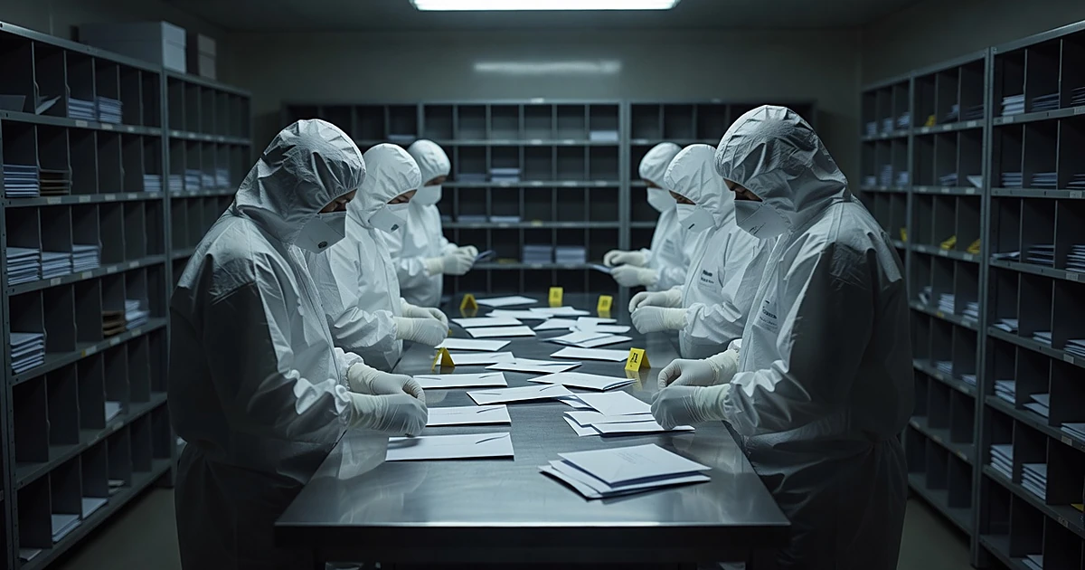 Hazmat-suited figures examine white envelopes on metal table in government mailroom under fluorescent lights