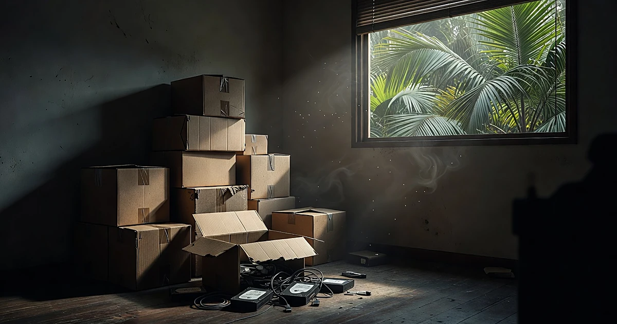 Open storage boxes with computer hard drives on floor in dim tropical room with palm trees visible through window