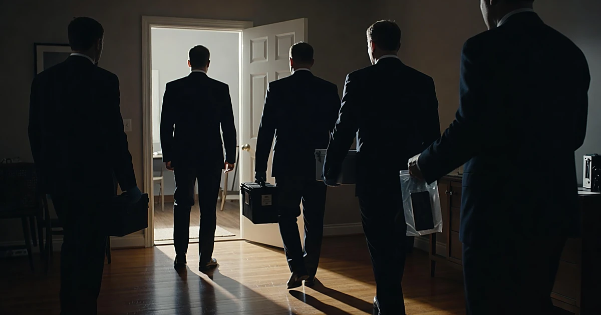 Silhouetted agents entering a residence, one holding a smartphone in an evidence bag during a federal investigation