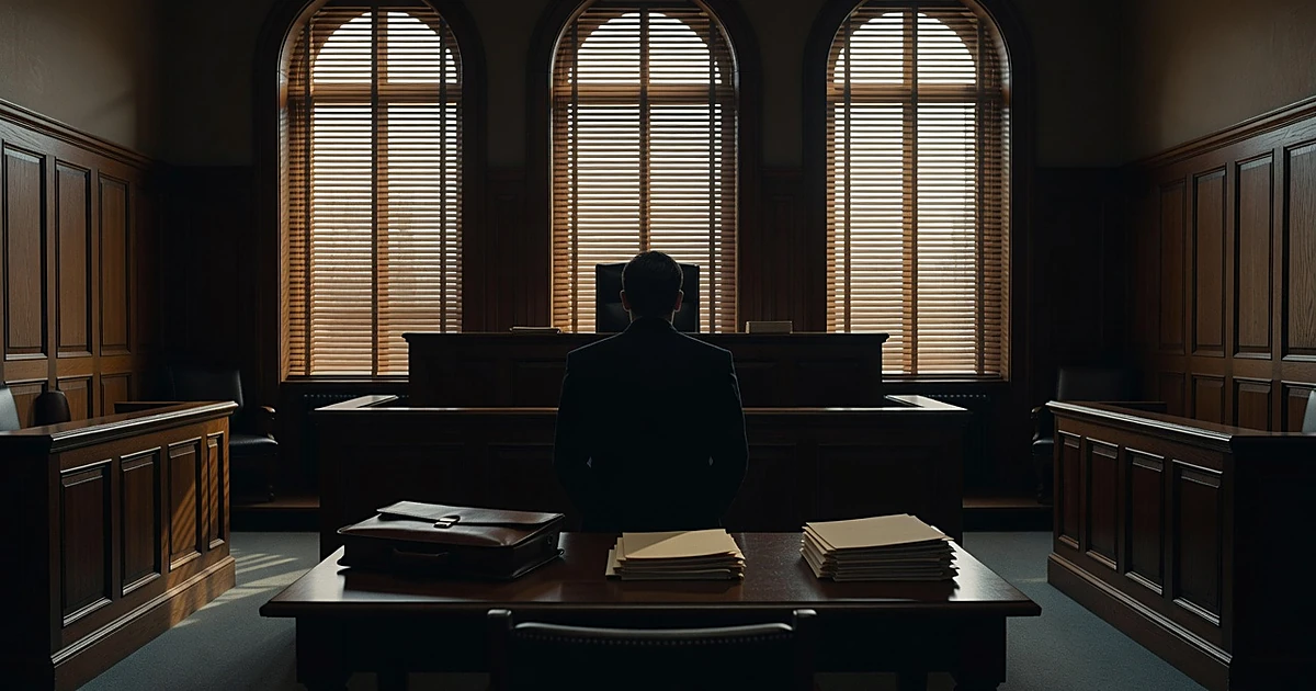 Silhouetted defendant at courtroom table with judge's bench in background, illuminated by window blinds