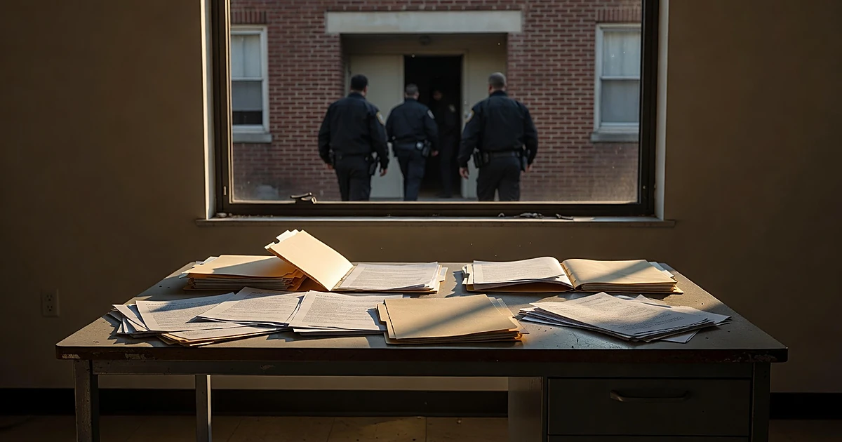 Empty office desk with papers in foreground, silhouettes of agents raiding building visible through window in background