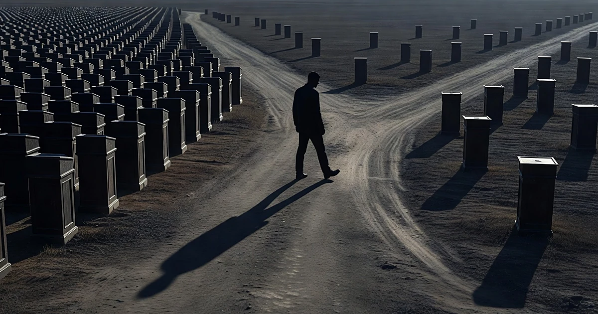 Silhouette at crossroads with one foot on each path, surrounded by voting pedestals weighted heavily to one side