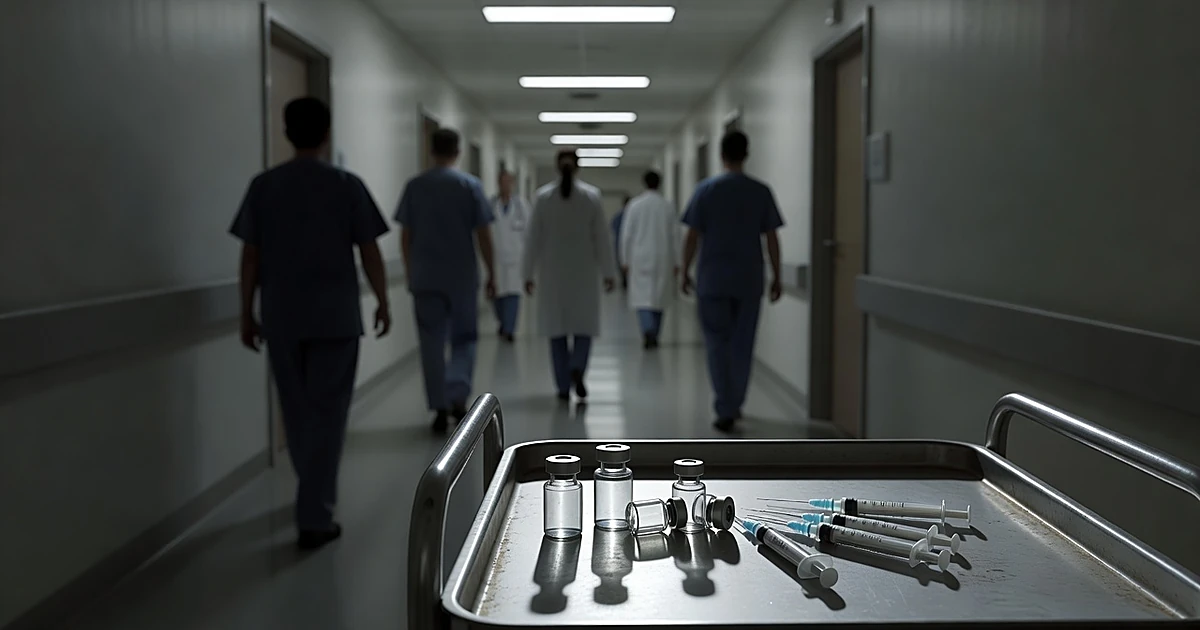 Empty vaccine vials on medical tray in hospital corridor with silhouetted medical staff in background