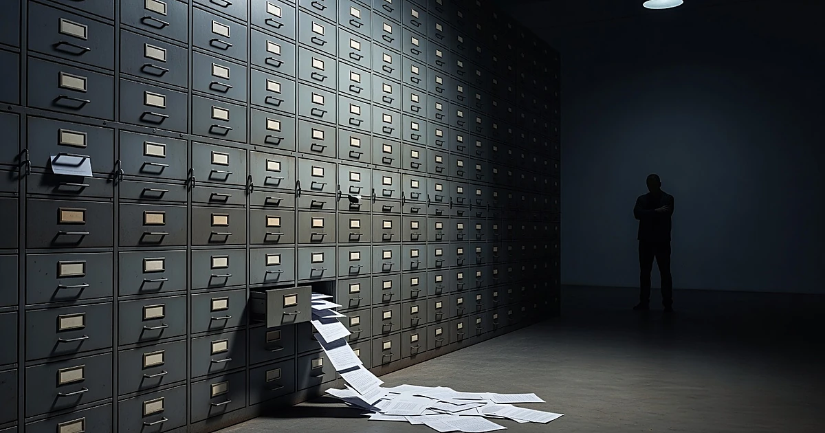 Towering filing cabinet with single drawer releasing papers slowly while distant silhouetted figure waits