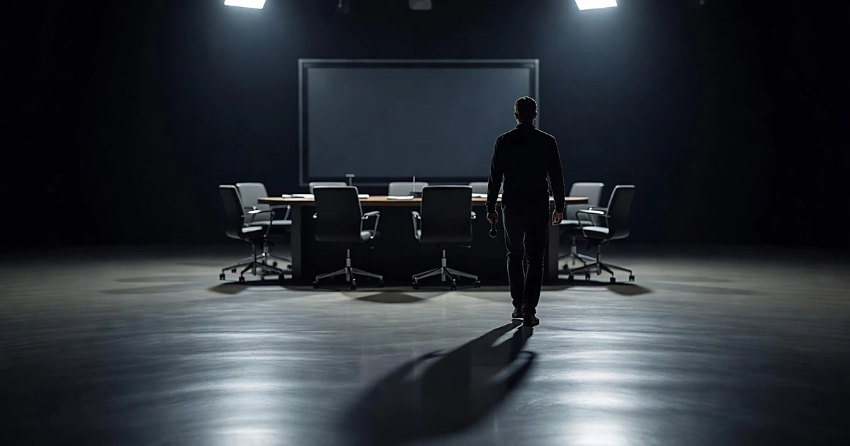Empty sports broadcast studio set with silhouetted figure walking away carrying microphone