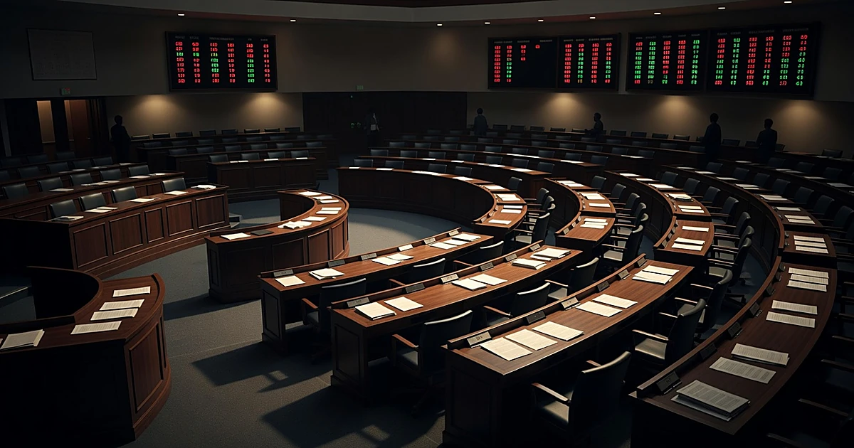 Empty legislative chamber with wooden desks and voting tally lights showing a divided count