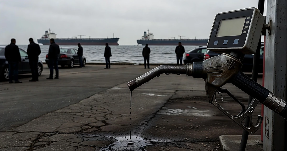 Gas pump nozzle with diesel dripping, silhouetted figures at vehicles, and oil tankers on distant horizon