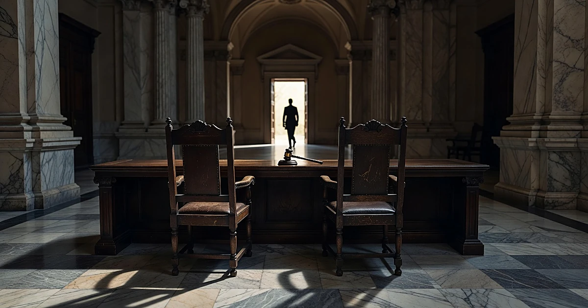 Two empty judicial chairs side by side at courthouse bench with silhouetted figure in distant doorway