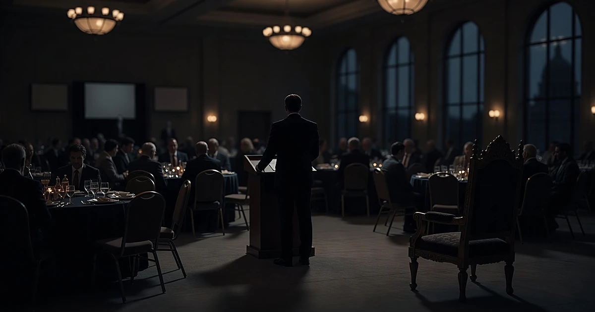 Silhouetted speaker at podium in banquet hall with empty chair nearby and capitol dome visible through windows