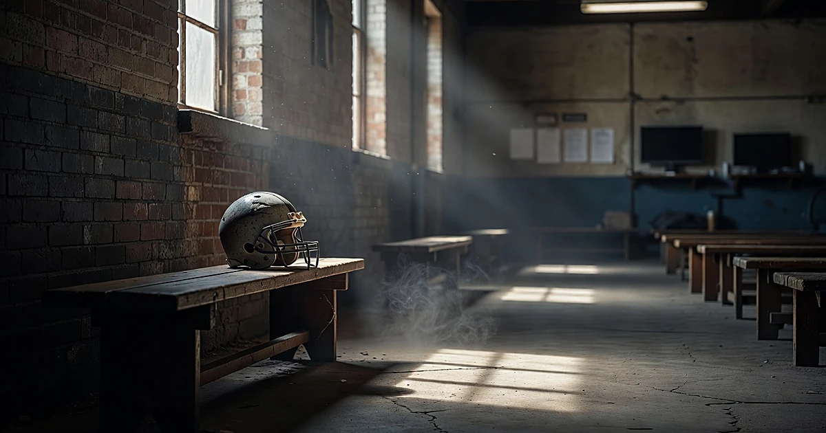 Football helmet on bench in empty locker room with dramatic lighting and shadows