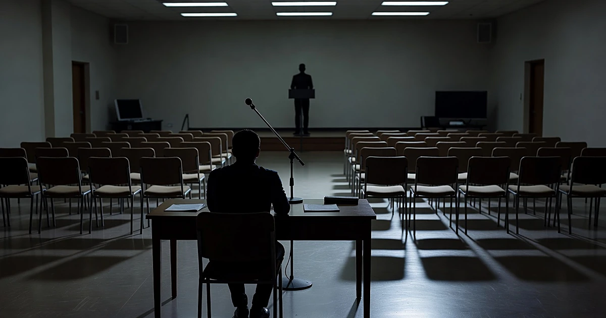 Silhouetted figure at podium in empty briefing room with another silhouette seated at desk with microphone