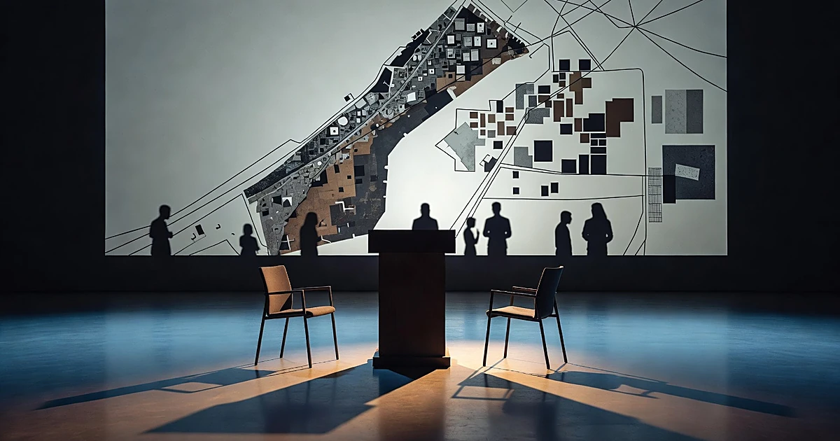 Empty podium and chairs on stage with abstract geometric projection suggesting divided political discourse