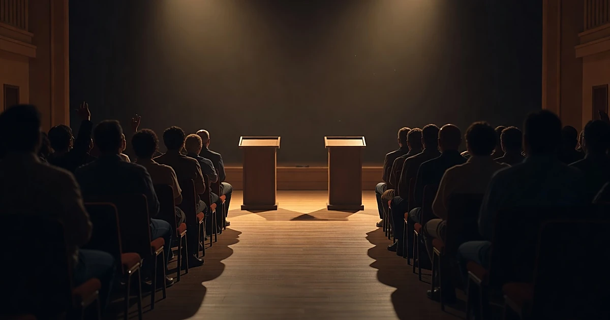 Silhouetted audience faces illuminated stage with two podiums in town hall setting