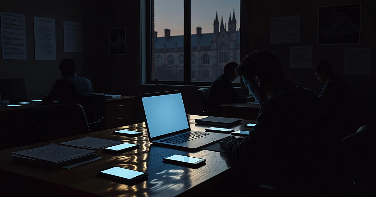 Dark office with glowing laptop and phones on desk, college building silhouette visible through window at dusk