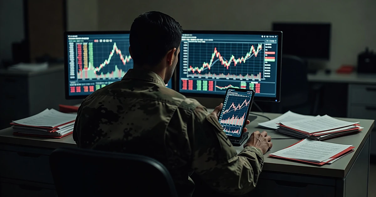 Silhouetted soldier at desk with computer showing market charts and classified documents in dark office