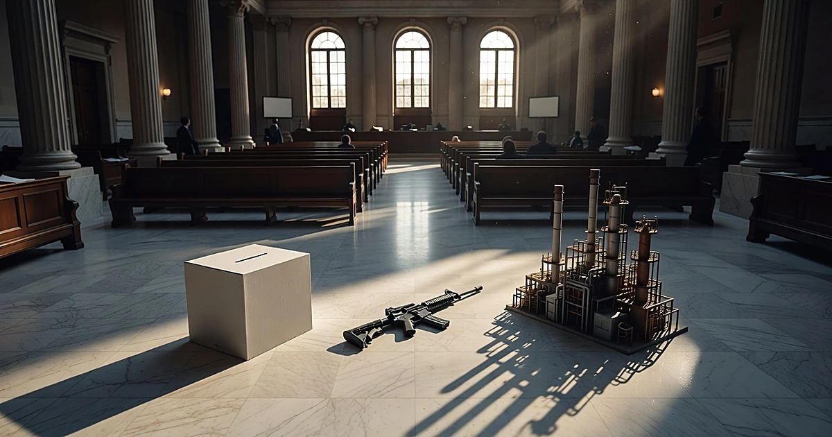 Overhead view of ballot box, rifle, and refinery model on courthouse floor with dramatic lighting and shadows