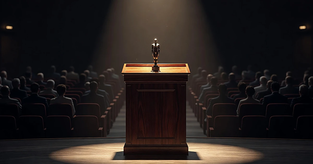 Award trophy on podium with silhouetted audience in darkened auditorium under stage lights