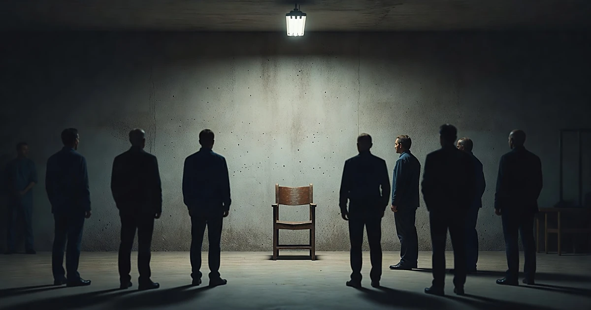 Empty execution chamber with wooden chair against concrete wall, silhouetted figures standing in foreground