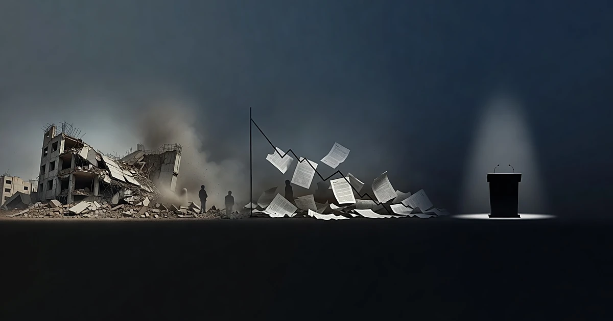 Three shadowed scenes showing building rubble, financial decline imagery, and an empty podium in spotlight