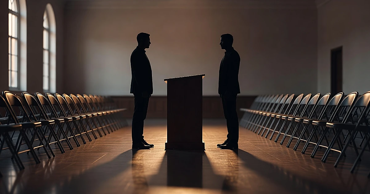 Two silhouettes on opposite sides of podium in hall with divided seating, showing close political competition