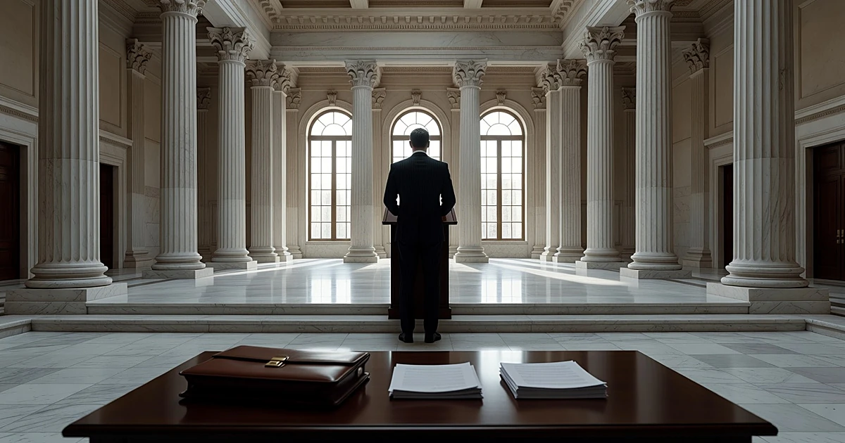 Silhouetted figure at podium in government building with briefcase and documents on table in foreground