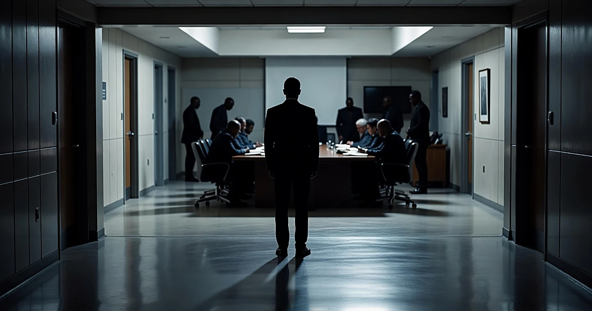 Silhouetted figure in government hallway with officials meeting in background room under harsh institutional lighting
