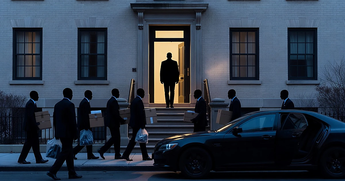 Silhouetted officials carrying boxes from a townhouse doorway at dawn with vehicle waiting at curb