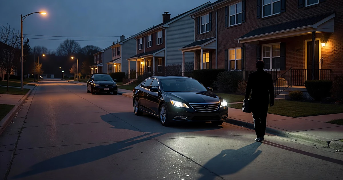 Silhouetted figure with bag approaches townhouse entrance as black sedan sits in driveway at dusk