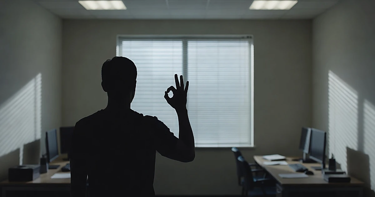 Silhouette of person making OK hand gesture in empty office with venetian blind shadows