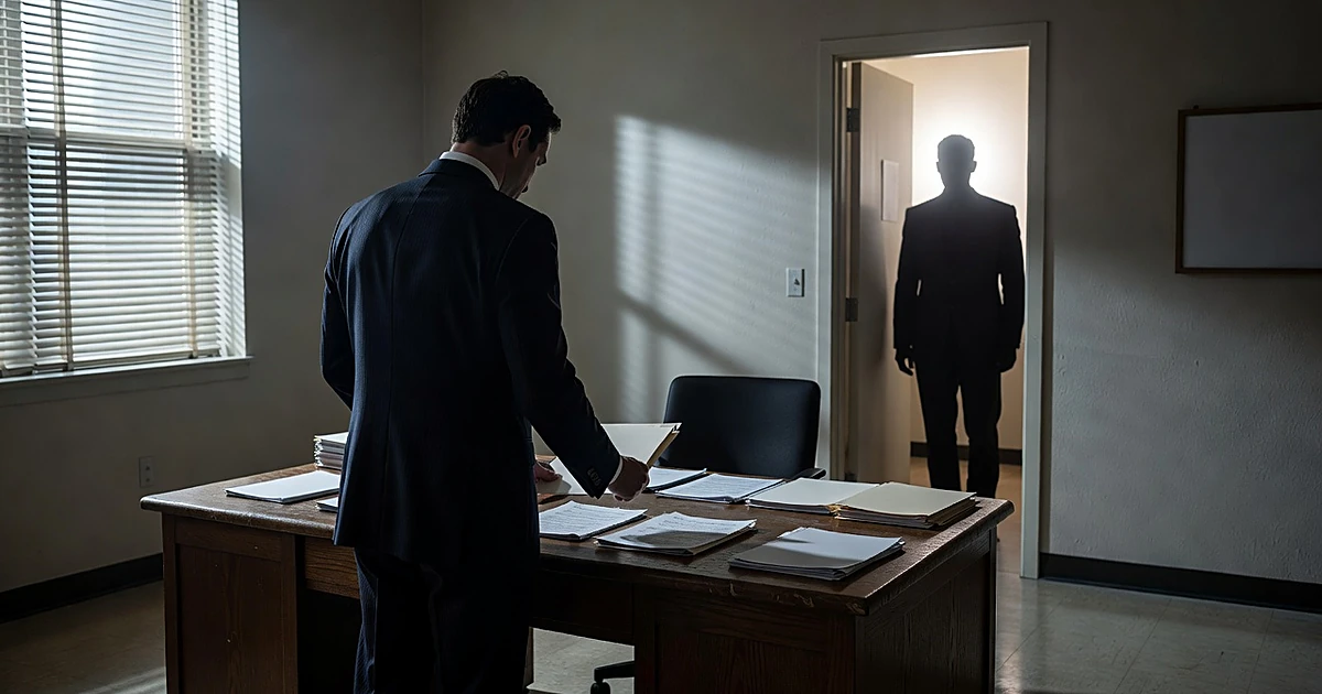 Silhouetted officials reviewing documents in shadowy government office with dramatic lighting through blinds