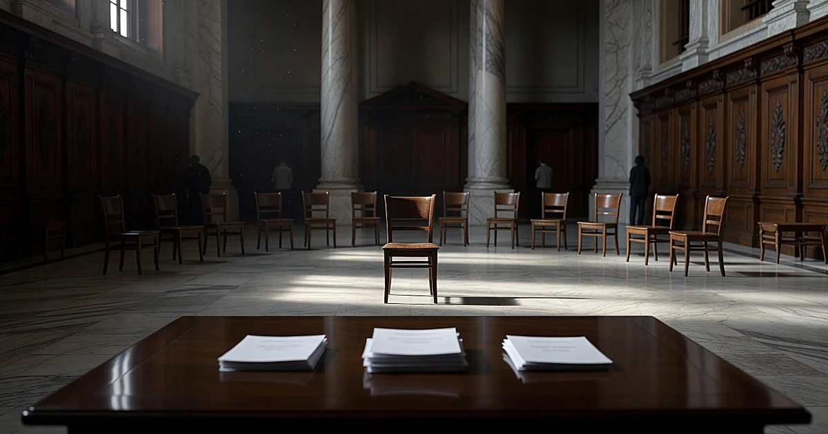 One chair separated from eight others in a formal chamber, with blank student ID cards on a table in foreground