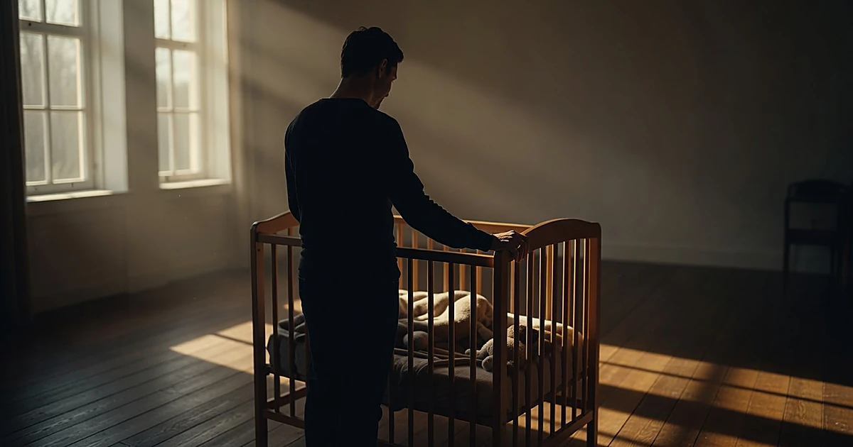 Silhouetted person standing beside wooden crib in sunlit room, wedding ring visible on hand