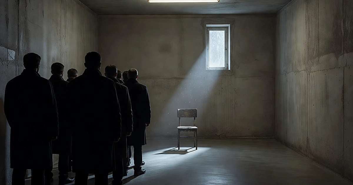 Silhouetted figures stand in formation facing a solitary chair in a stark institutional room with harsh lighting